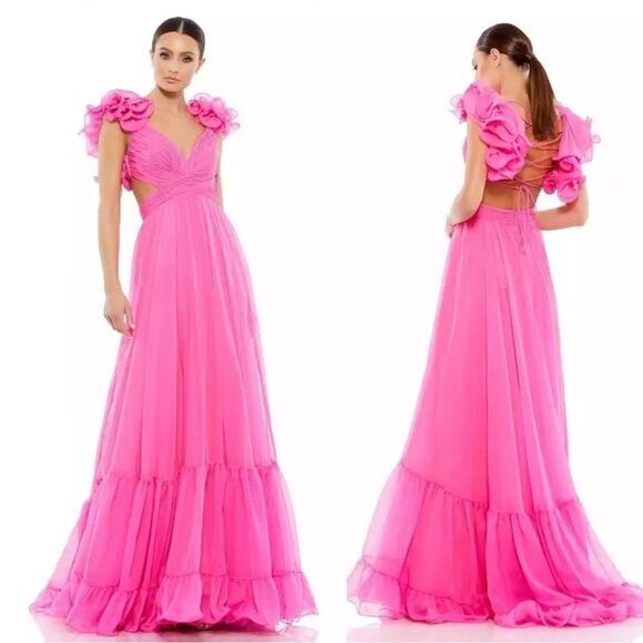 Mac Duggal Ruffle Shoulder Lace Up Gown Size 12 - Picture 1 of 14
